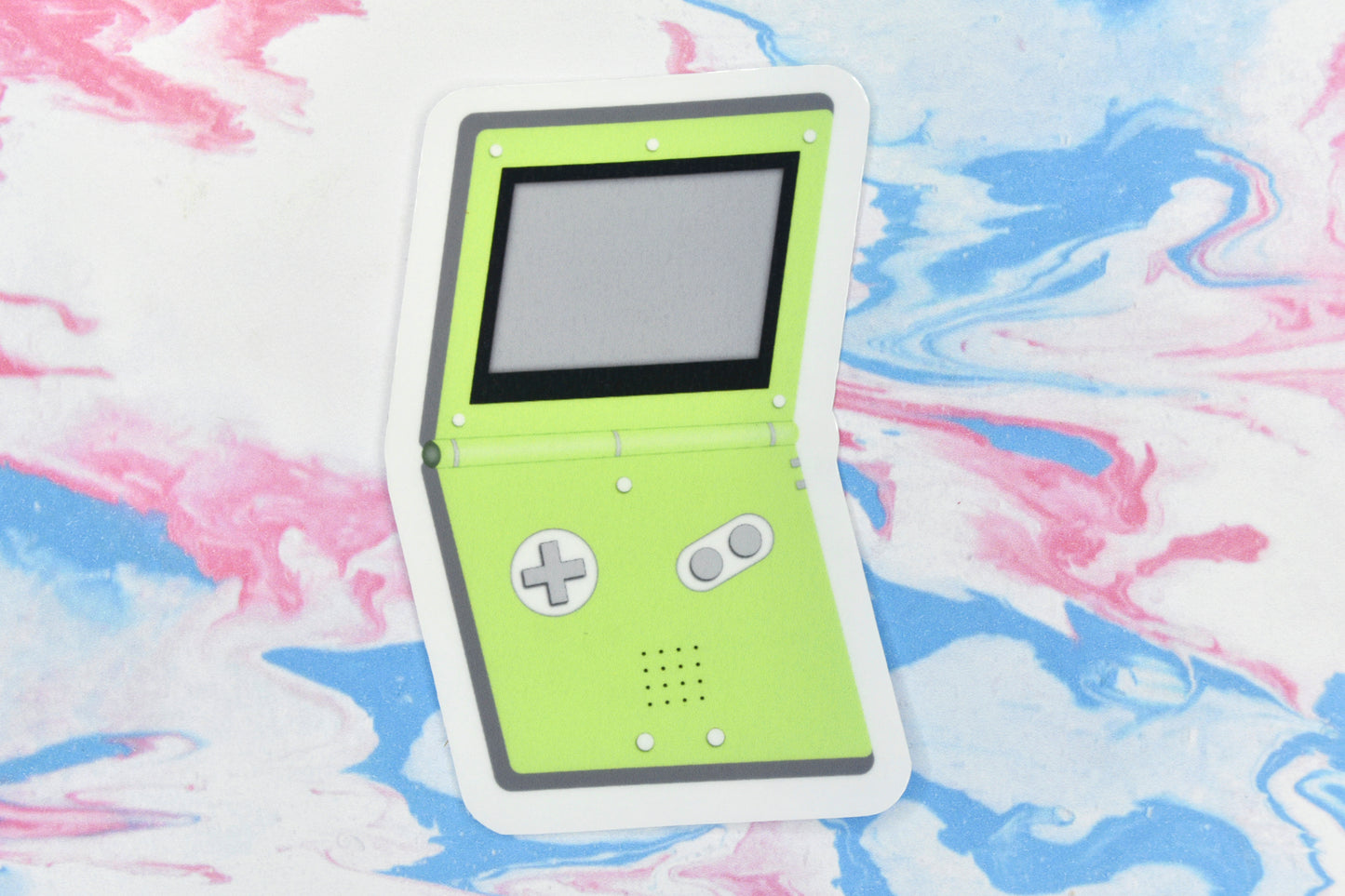 A vinyl sticker depicting a GameBoy Advance in the agender pride flag colours.