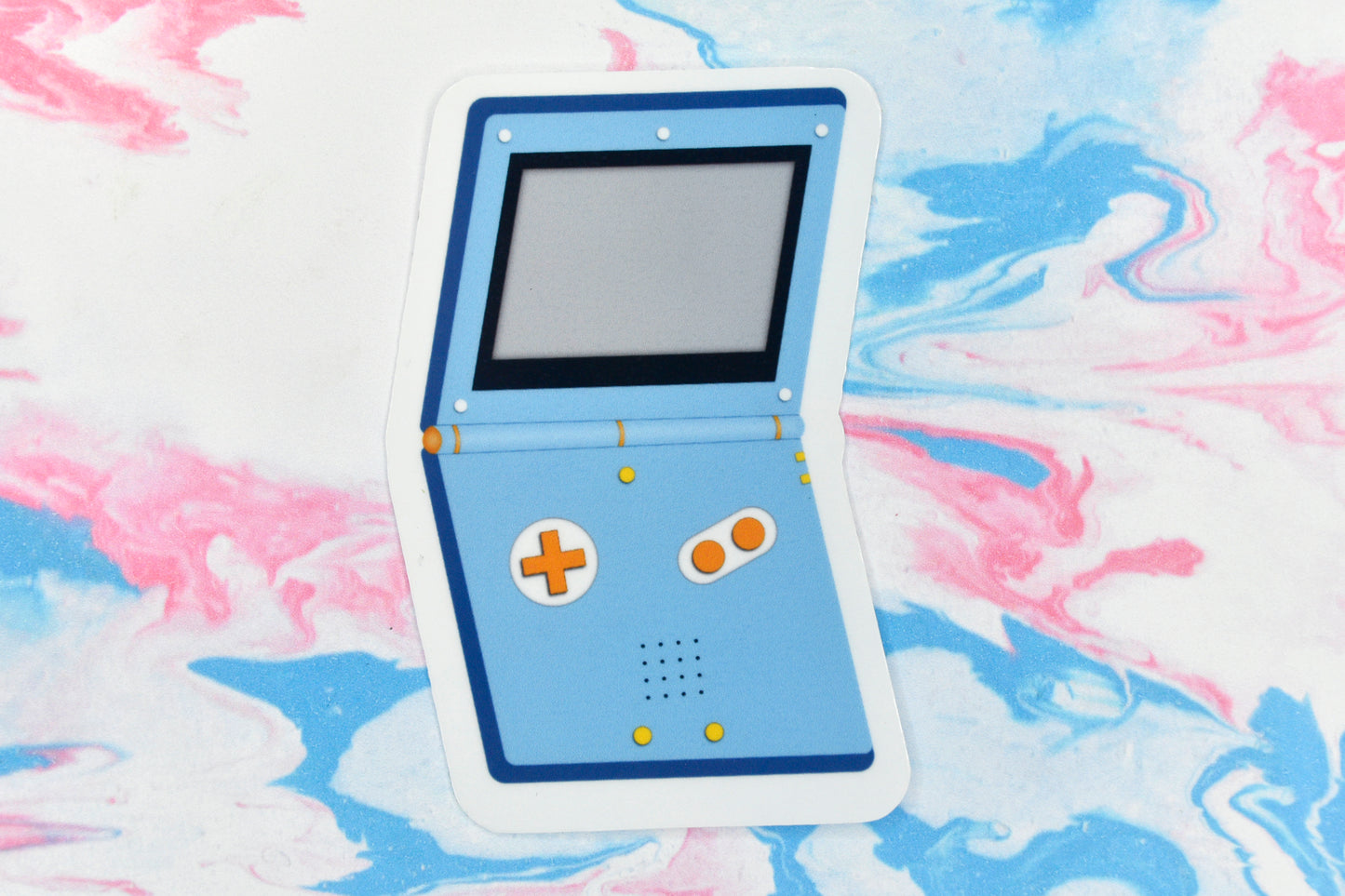 A vinyl sticker depicting a GameBoy Advance in the aroace pride flag colours.