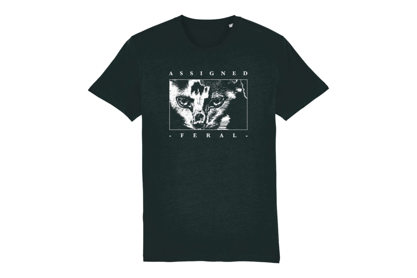 A mockup of the front of a black t-shirt featuring an illustration of a cat's face with text reading "assigned feral", all printed in white ink.