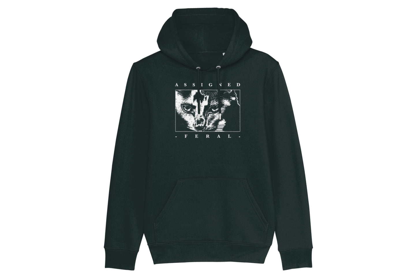 A mockup of the front of a black hoodie featuring an illustration of a cat's face with text reading "assigned feral", all printed in white ink.
