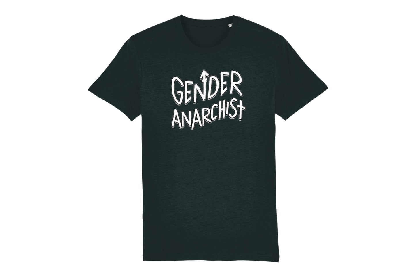 A mockup of the front of a black t-shirt featuring a trans pride illustration printed in white ink. Wavy text across the chest reads "Gender Anarchist".