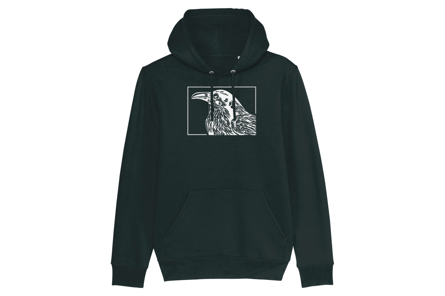 A mockup of the front of a black bird hoodie featuring a lino print design of a crow/raven printed in white ink.