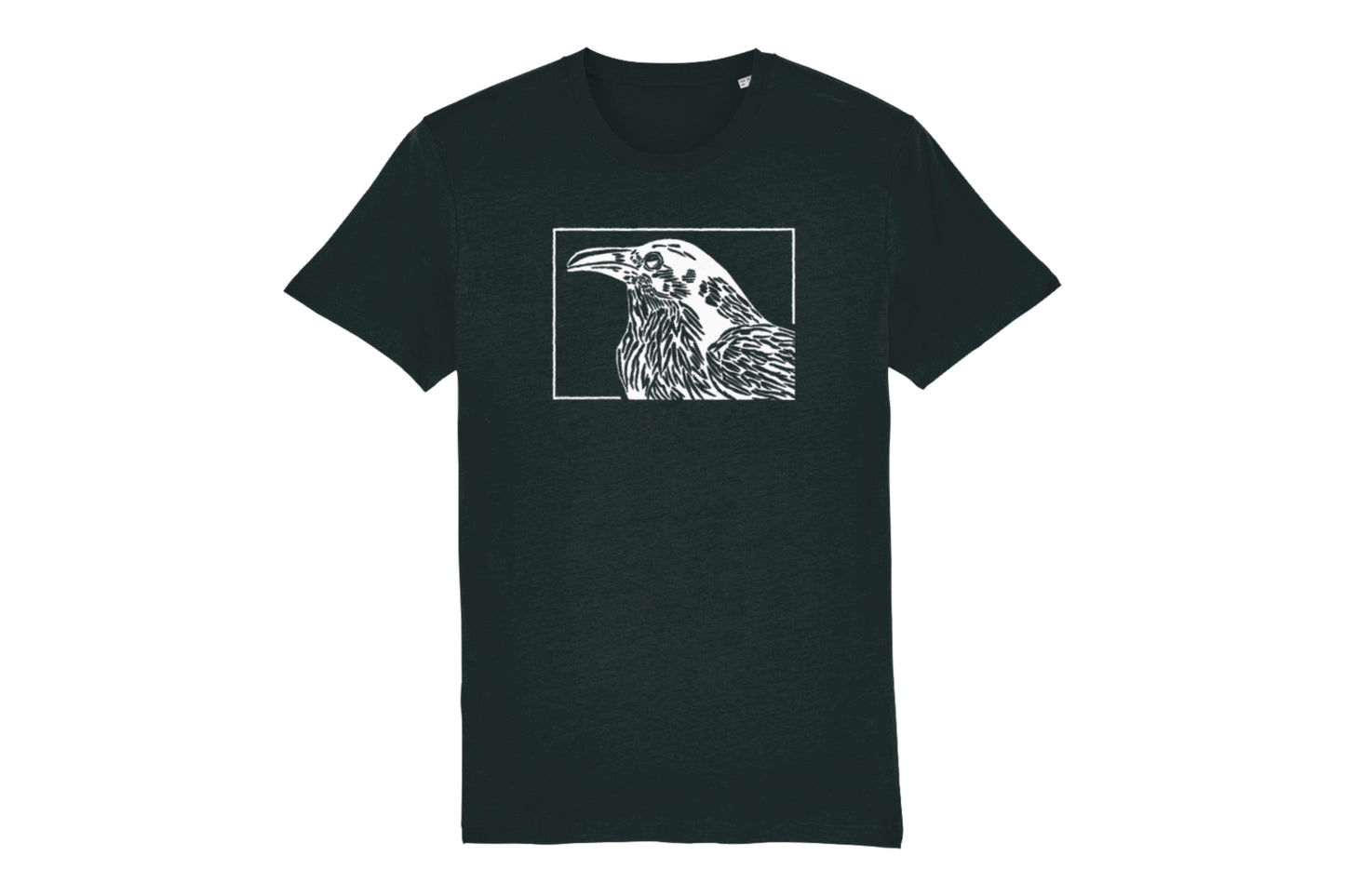 A mockup of the front of a black bird t-shirt featuring a lino print design of a crow/raven printed in white ink