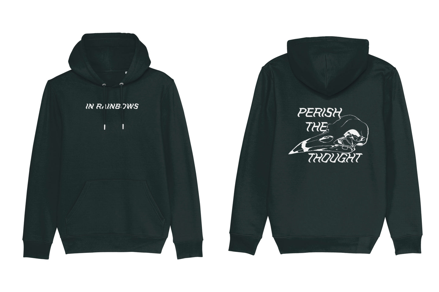A mockup of the front and back of a black hoodie. The front features text across the chest reading "In Rainbows". The back features a bird skull illustration with text reading "perish the thought", all printed in white ink.