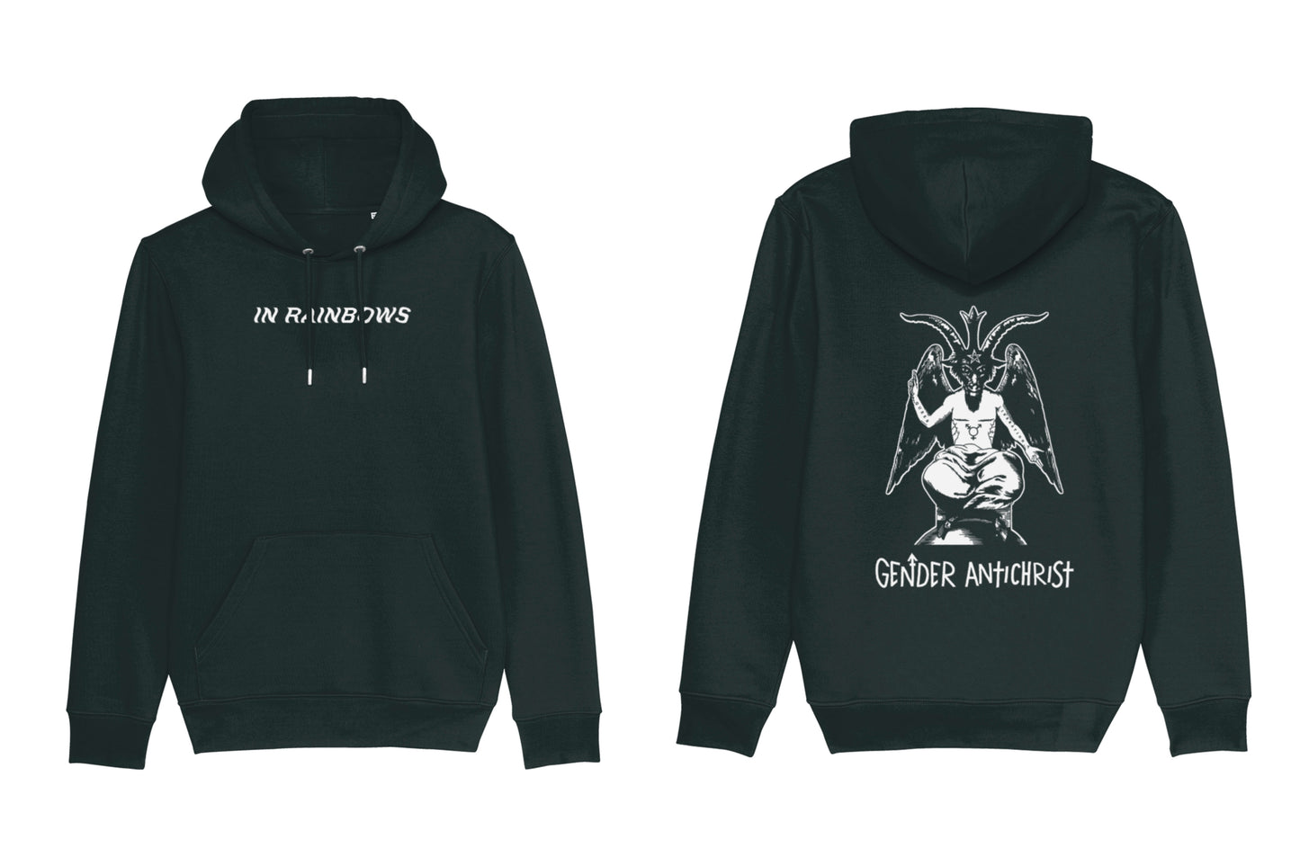 A mockup of the front and back of a black hoodie. The front features text across the chest reading "In Rainbows". The back features an illustration of Baphomet with top surgery scars with text below reading "Gender Antichrist", all printed in white ink.