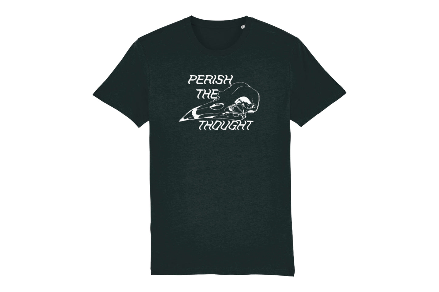 A mockup of the front of a black t-shirt featuring a bird skull illustration with text reading "perish the thought", all printed in white ink.