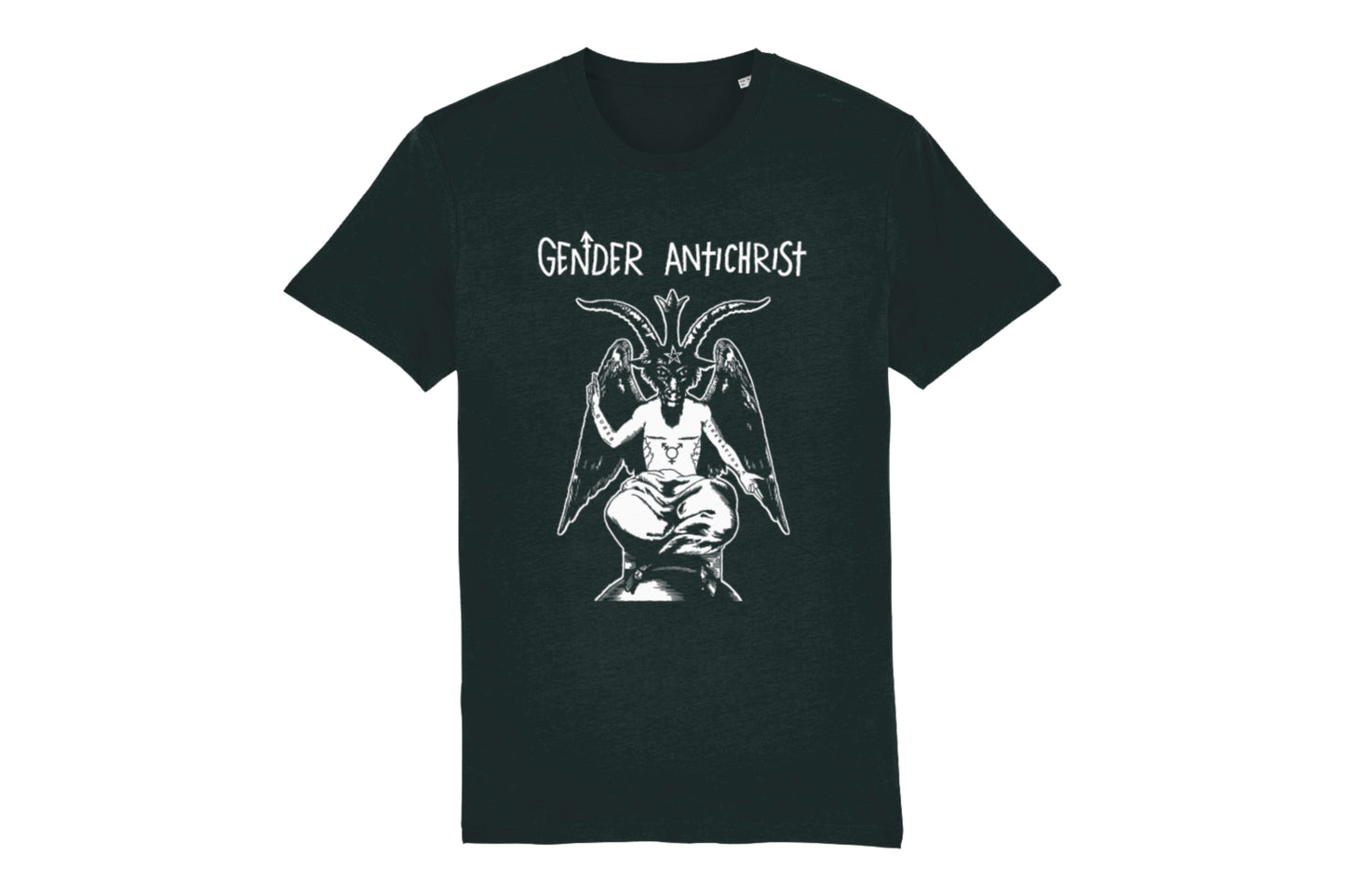 A mockup of the front of a black t-shirt featuring a trans pride design printed in white ink. There is an illustration of Baphomet with top surgery scars on their chest and the words "queer liberation" on their arms. Text above the design reads "Gender Antichrist".