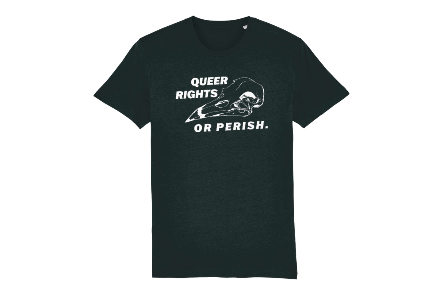 A mockup of the front of a black t-shirt featuring a bird skull illustration with text reading "queer rights or perish", all printed in white ink.