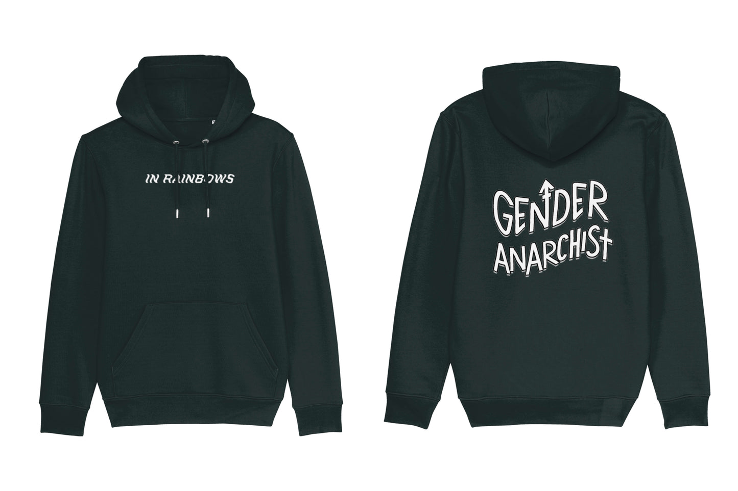 A mockup of the front and back of a black hoodie. The front features text across the chest reading "In Rainbows". The back features large wavy text reading "Gender Anarchist", all printed in white ink.