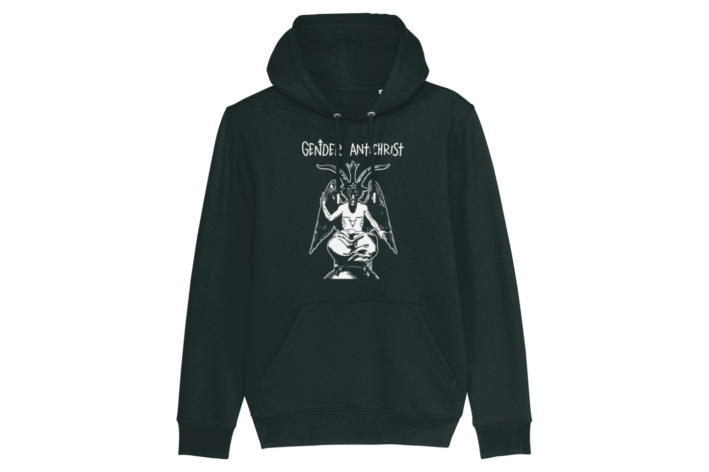 A mockup of the front of a black hoodie featuring a trans pride design printed in white ink. There is an illustration of Baphomet with top surgery scars on their chest and the words "queer liberation" on their arms. Text above the design reads "Gender Antichrist".
