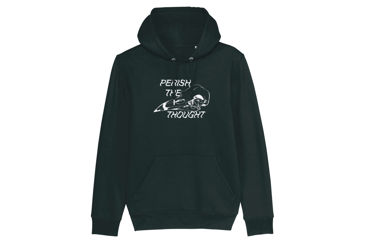 A mockup of the front of a black hoodie featuring a bird skull illustration with text reading "perish the thought", all printed in white ink.