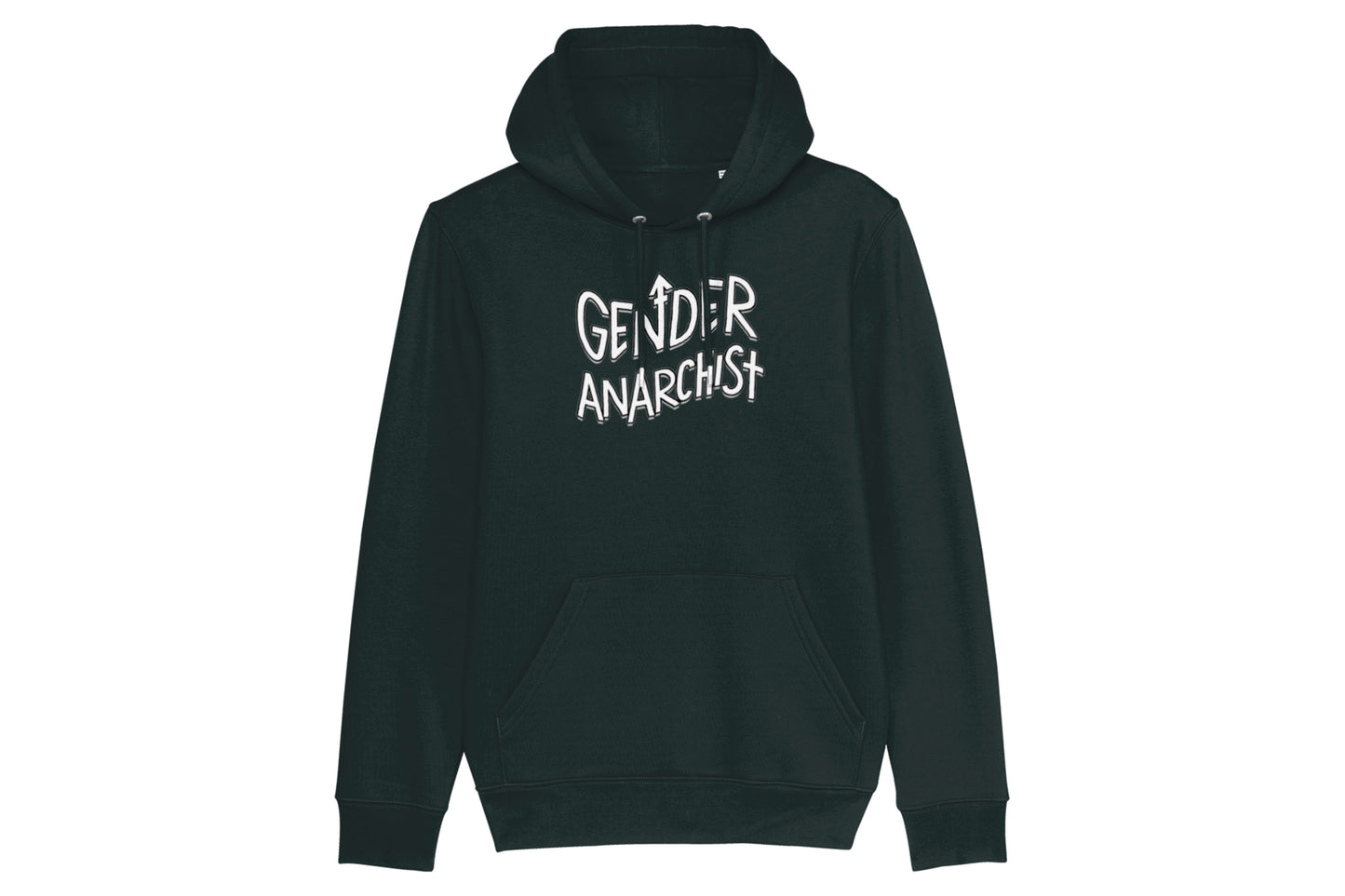 A mockup of the front of a black hoodie featuring a trans pride illustration printed in white ink. Wavy text across the chest reads "Gender Anarchist".