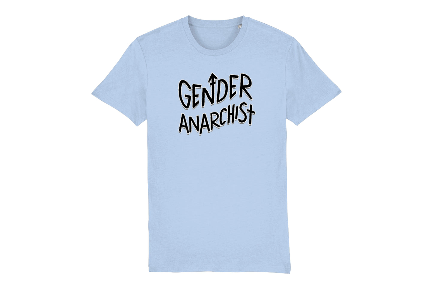 A mockup of the front of a light blue t-shirt featuring a trans pride illustration printed in black ink. Wavy text across the chest reads "Gender Anarchist".