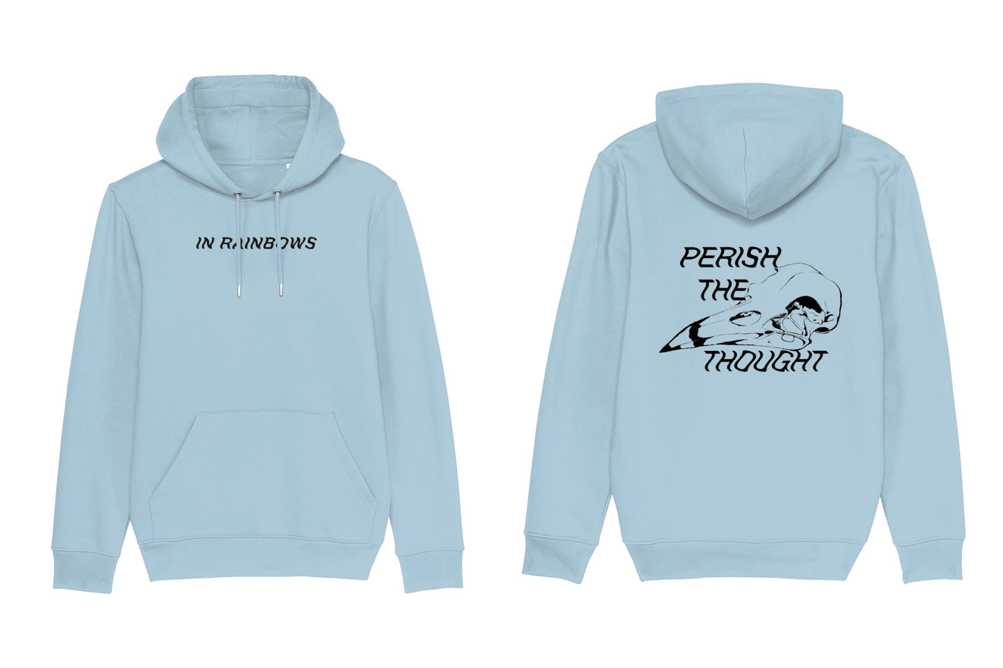 A mockup of the front and back of a light blue hoodie. The front features text across the chest reading "In Rainbows". The back features a bird skull illustration with text reading "perish the thought", all printed in black ink.