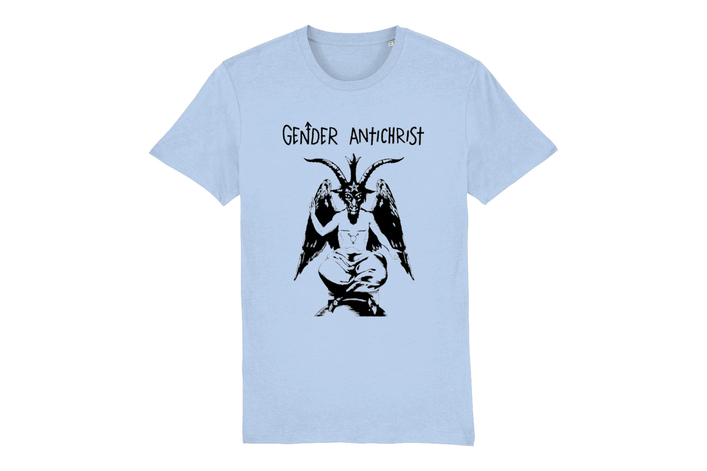 A mockup of the front of a light blue t-shirt featuring a trans pride design printed in black ink. There is an illustration of Baphomet with top surgery scars on their chest and the words "queer liberation" on their arms. Text above the design reads "Gender Antichrist".