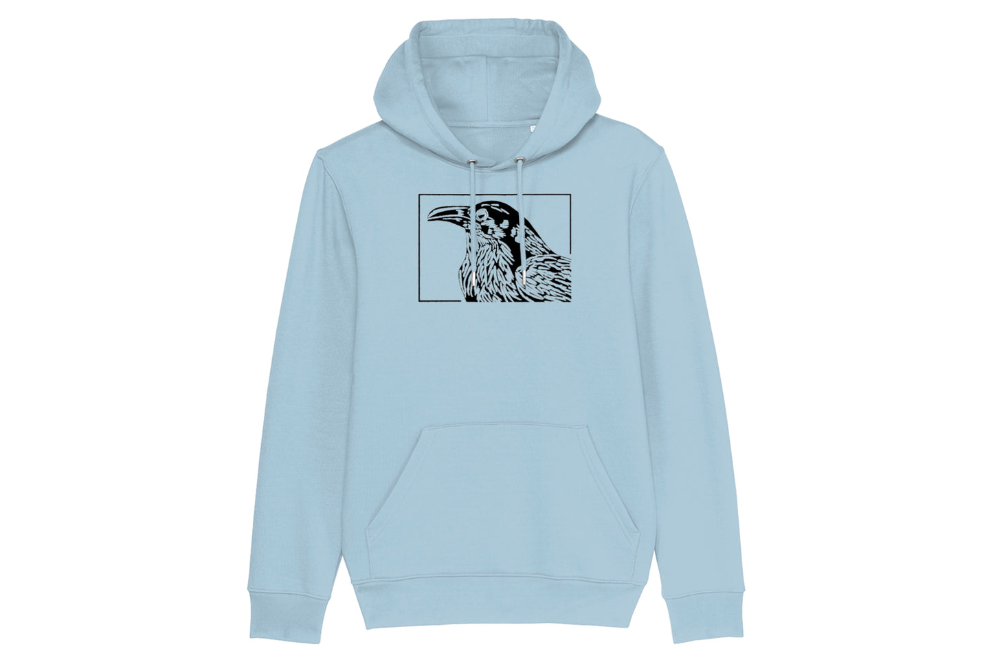 A mockup of the front of a light blue bird hoodie featuring a lino print design of a crow/raven printed in black ink.