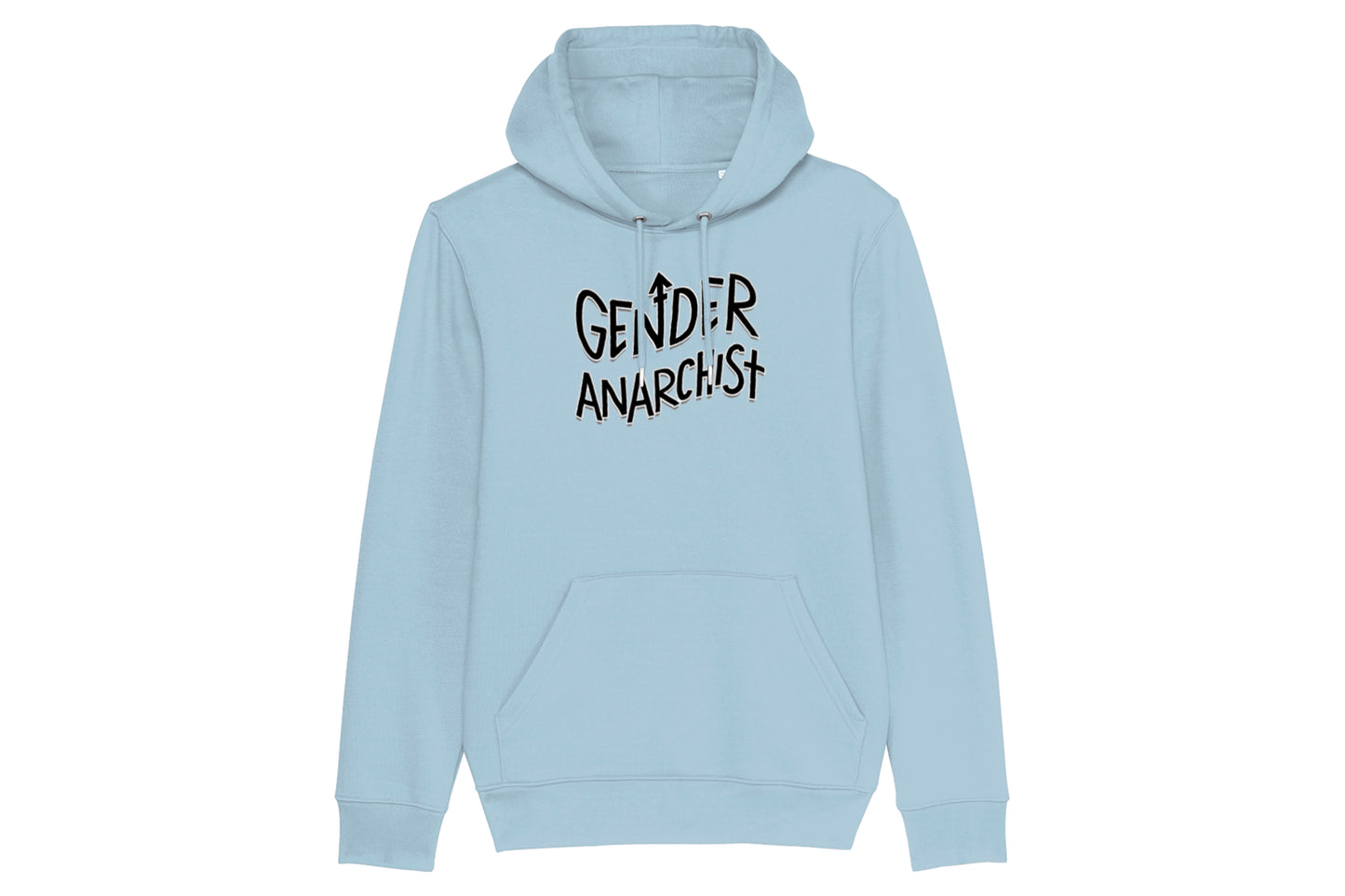 A mockup of the front of a light blue hoodie featuring a trans pride illustration printed in black ink. Wavy text across the chest reads "Gender Anarchist".