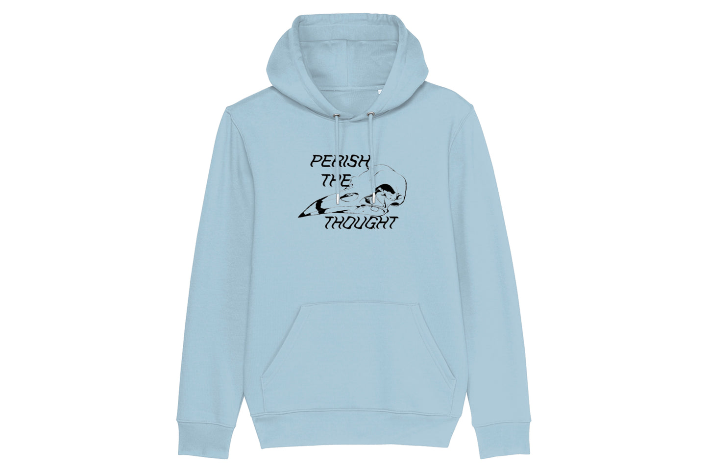A mockup of the front of a light blue hoodie featuring a bird skull illustration with text reading "perish the thought", all printed in black ink.