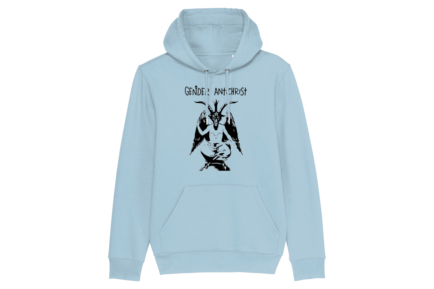 A mockup of the front of a light blue hoodie featuring a trans pride design printed in black ink. There is an illustration of Baphomet with top surgery scars on their chest and the words "queer liberation" on their arms. Text above the design reads "Gender Antichrist".