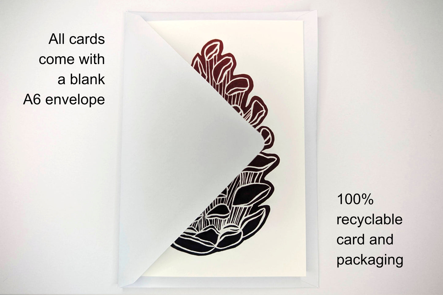 An example of the plain white envelopes included with the greeting cards. Text reads "all cards come with a blank A6 envelope. 100% recyclable card and packaging".