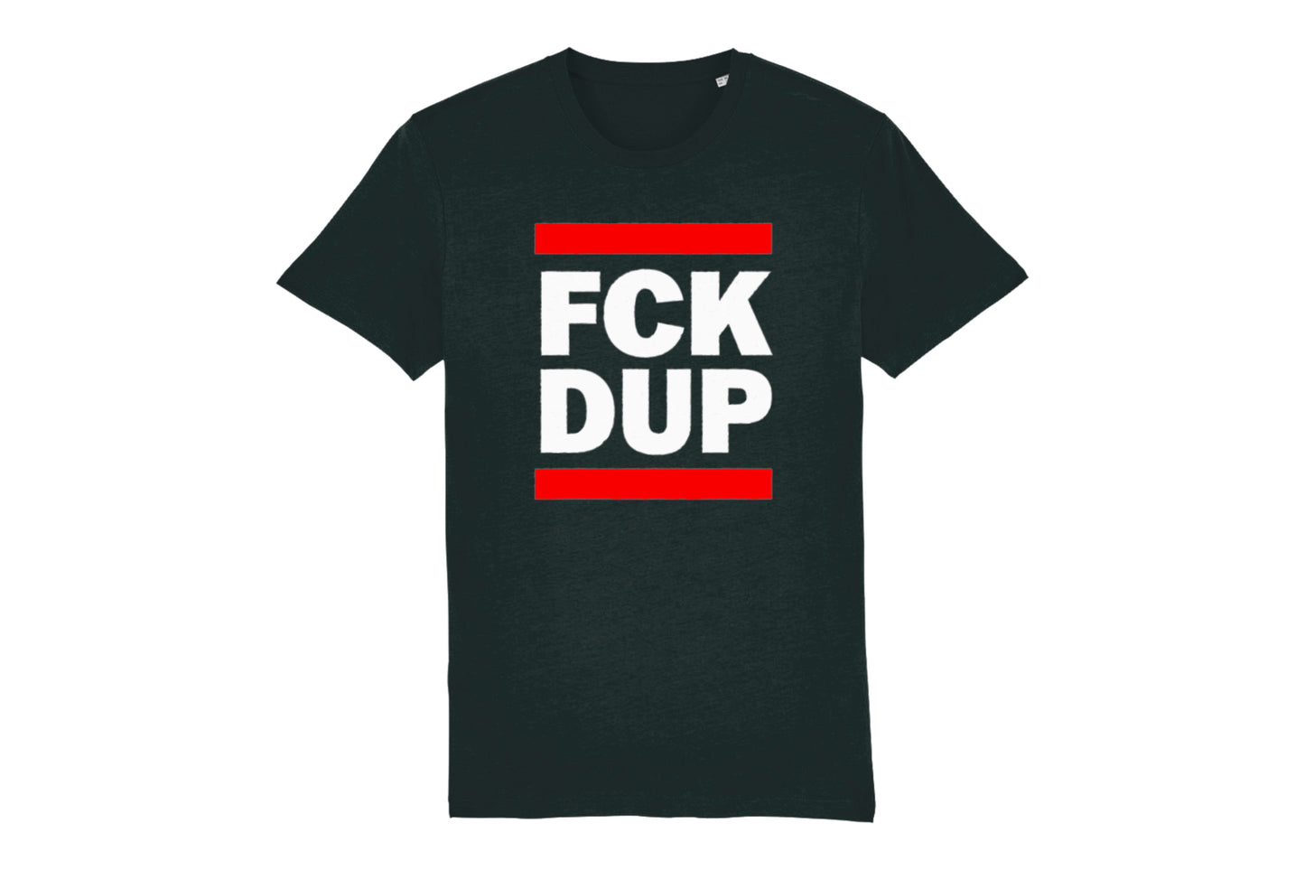 A mock-up of the front of a black t-shirt featuring bold white text in the style of the RUN DMC logo which reads "FCK DUP"