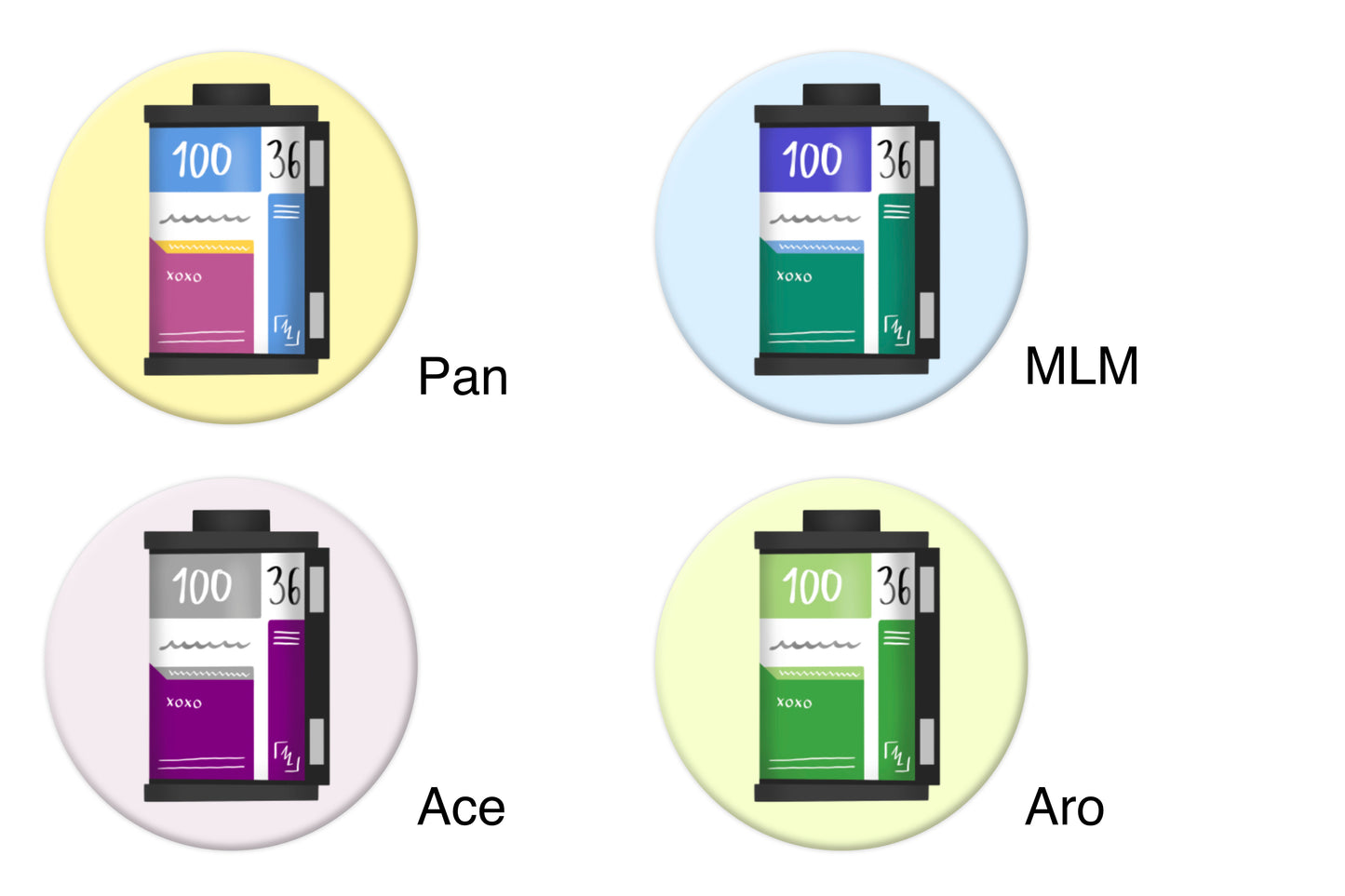Mock-ups of four LGBTQ+ pride badges, each depicting a film roll in different pride flag colours. The flags are pansexual, gay MLM, asexual and aromantic.