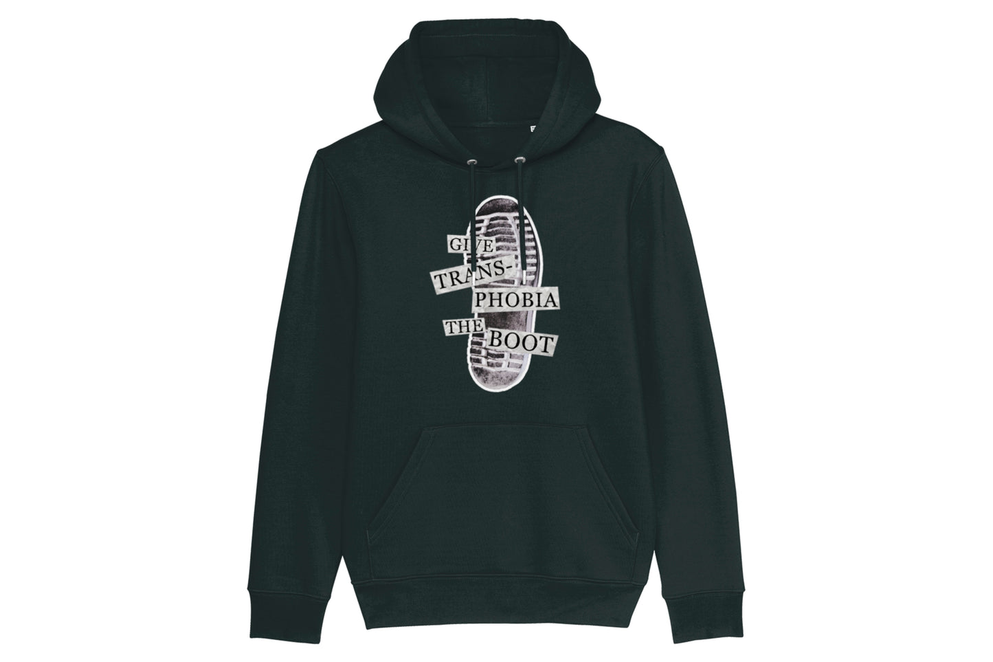 A mockup of the front of a trans pride hoodie. The hoodie is black and features an image of the bottom of a boot with text overlaid reading "give transphobia the boot".