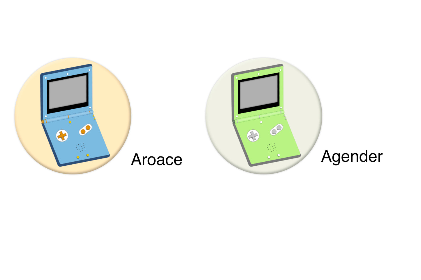 Mock-ups of two LGBTQ+ pride badges, each depicting a Gameboy Advance in different pride flag colours. The flags are aroace and agender.