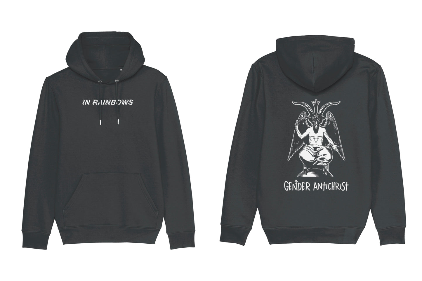A mockup of the front and back of a dark grey hoodie. The front features text across the chest reading "In Rainbows". The back features an illustration of Baphomet with top surgery scars with text below reading "Gender Antichrist", all printed in white ink.