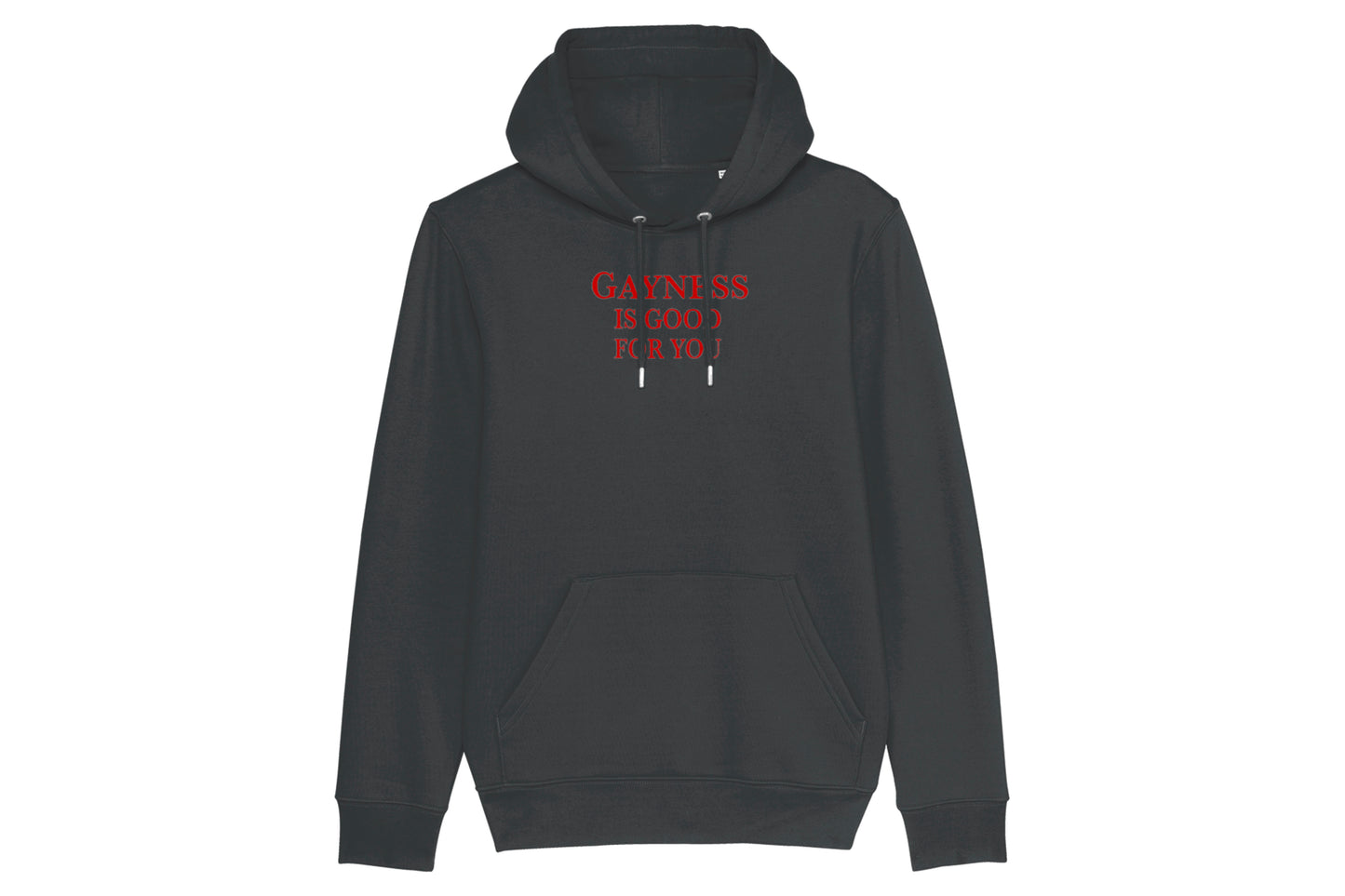 A mockup of the front of a gay pride hoodie. The hoodie is dark grey and features red text reading "gayness is good for you"