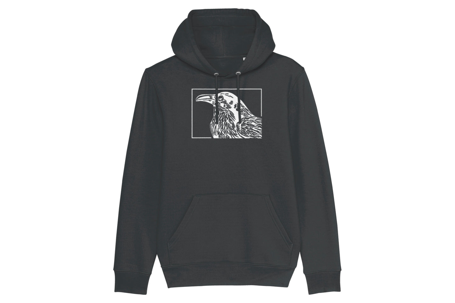 A mockup of the front of a dark grey bird hoodie featuring a lino print design of a crow/raven printed in white ink.