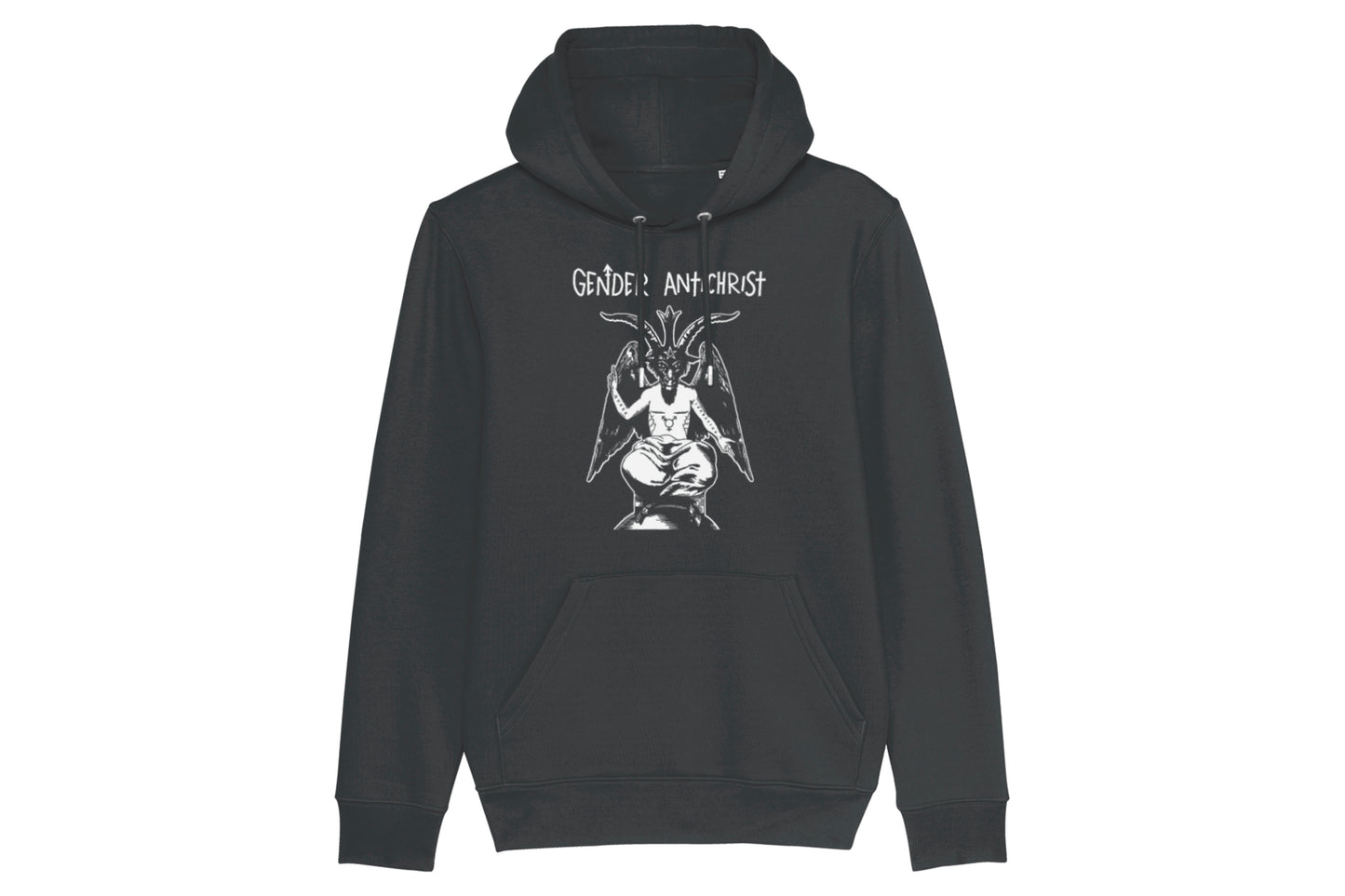 A mockup of the front of a dark grey hoodie featuring a trans pride design printed in white ink. There is an illustration of Baphomet with top surgery scars on their chest and the words "queer liberation" on their arms. Text above the design reads "Gender Antichrist".