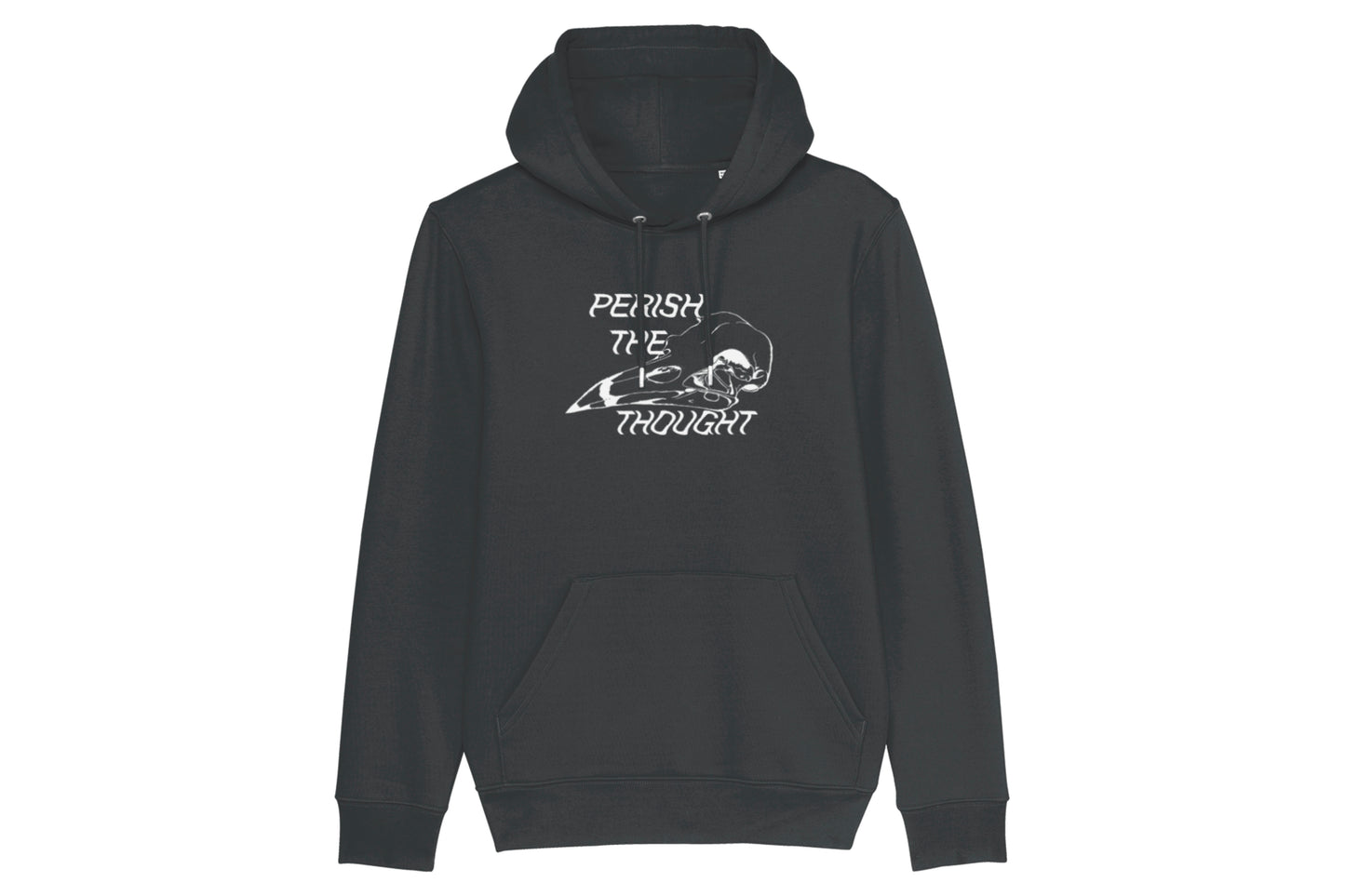 A mockup of the front of a dark grey hoodie featuring a bird skull illustration with text reading "perish the thought", all printed in white ink.
