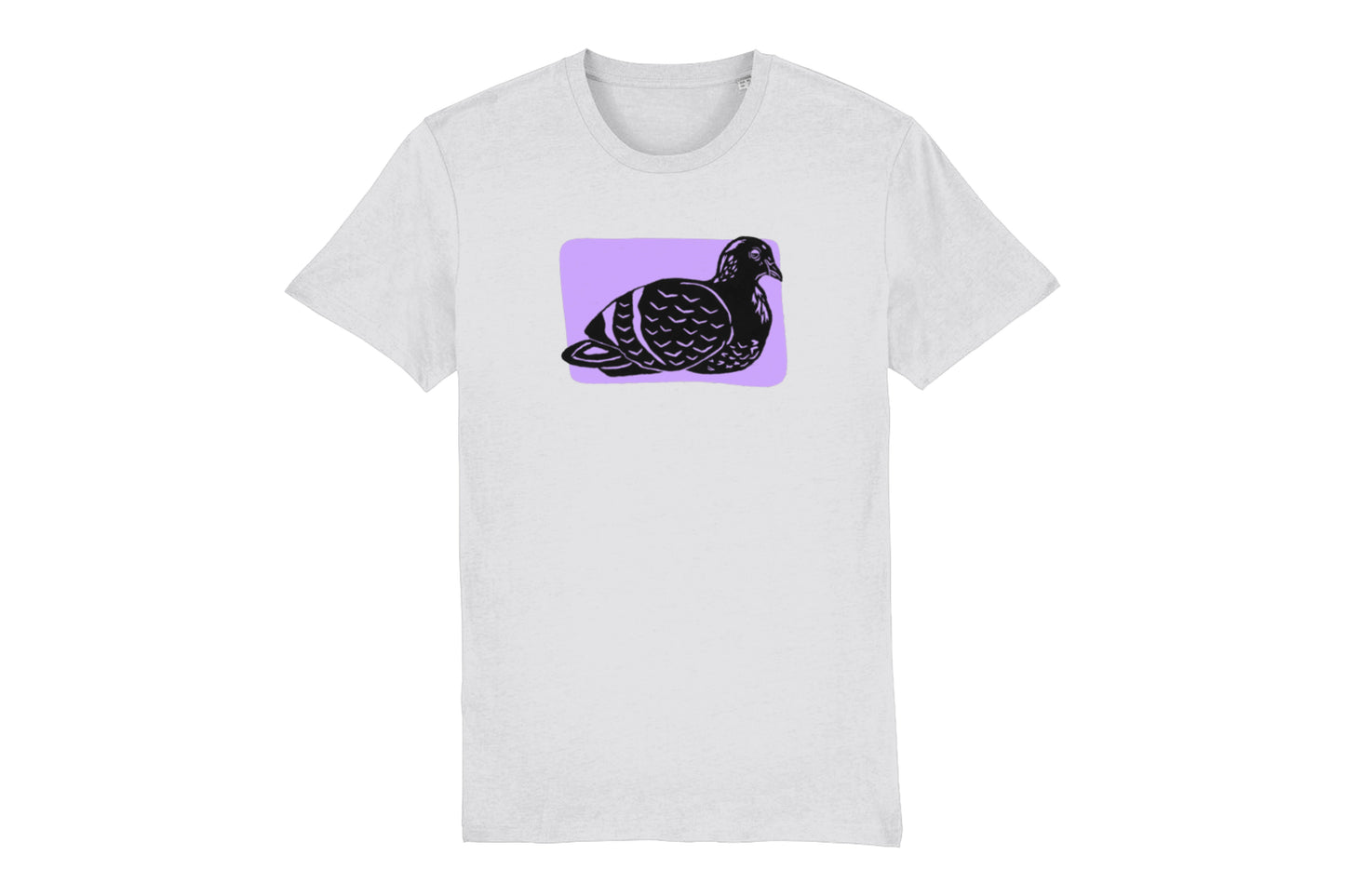A mock-up of the front of a white t-shirt featuring an illustration of a pigeon printed in black ink in front of a purple rectangle