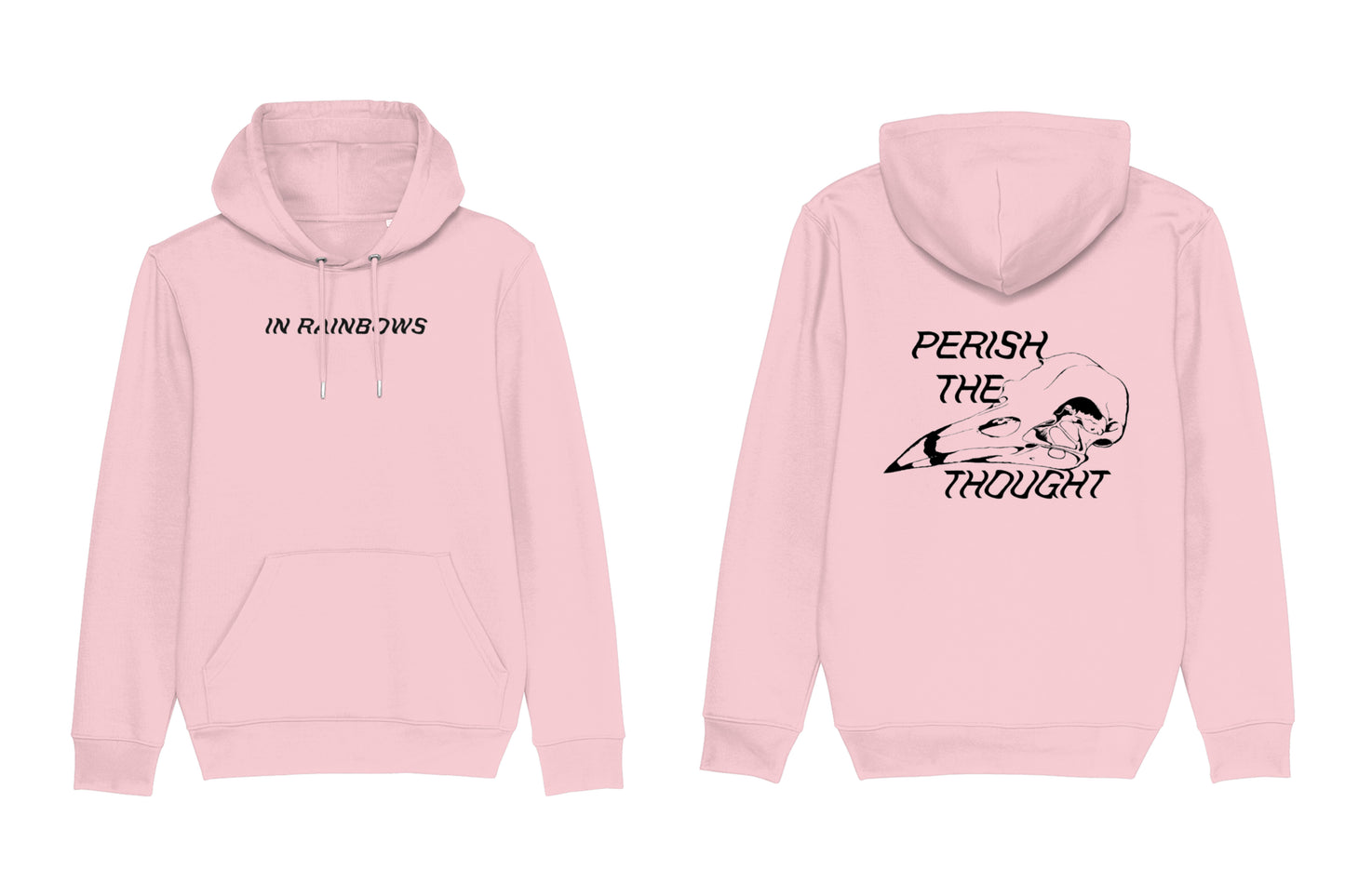 A mockup of the front and back of a light pink hoodie. The front features text across the chest reading "In Rainbows". The back features a bird skull illustration with text reading "perish the thought", all printed in black ink.