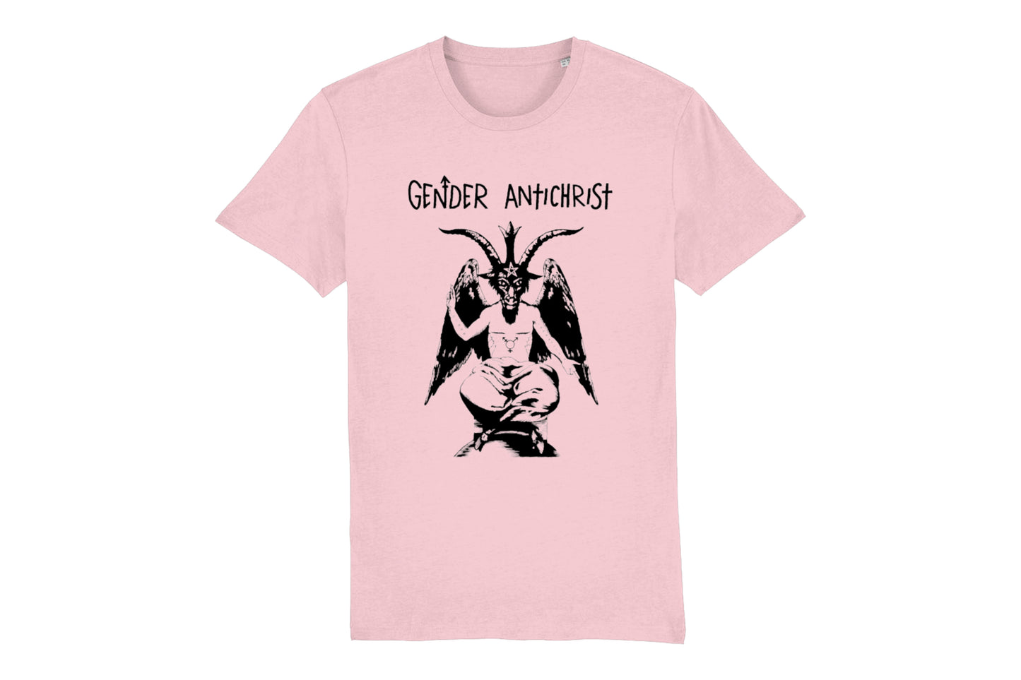 A mockup of the front of a light pink t-shirt featuring a trans pride design printed in black ink. There is an illustration of Baphomet with top surgery scars on their chest and the words "queer liberation" on their arms. Text above the design reads "Gender Antichrist".