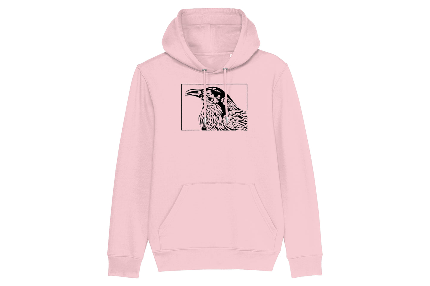 A mockup of the front of a light pink bird hoodie featuring a lino print design of a crow/raven printed in black ink.