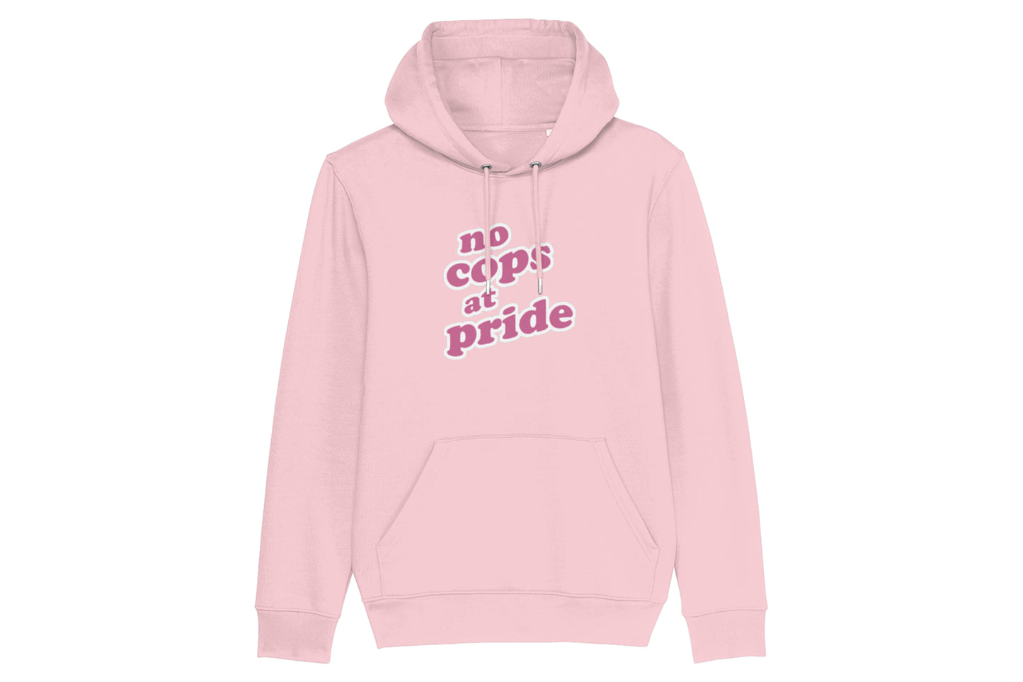 A mockup of the front of an LGBTQ+ pride hoodie. The hoodie is light pink and features pink and white text reading "no cops at pride"