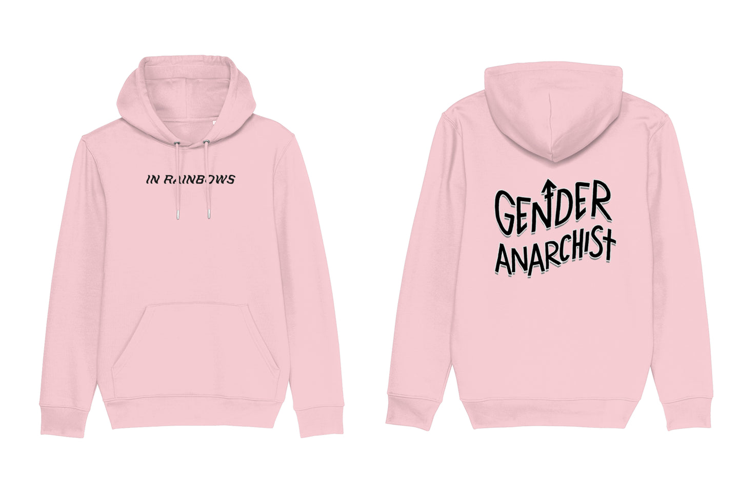 A mockup of the front and back of a light pink hoodie. The front features text across the chest reading "In Rainbows". The back features large wavy text reading "Gender Anarchist", all printed in black ink.