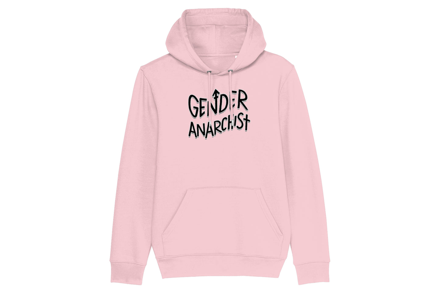 A mockup of the front of a light pink hoodie featuring a trans pride illustration printed in black ink. Wavy text across the chest reads "Gender Anarchist".