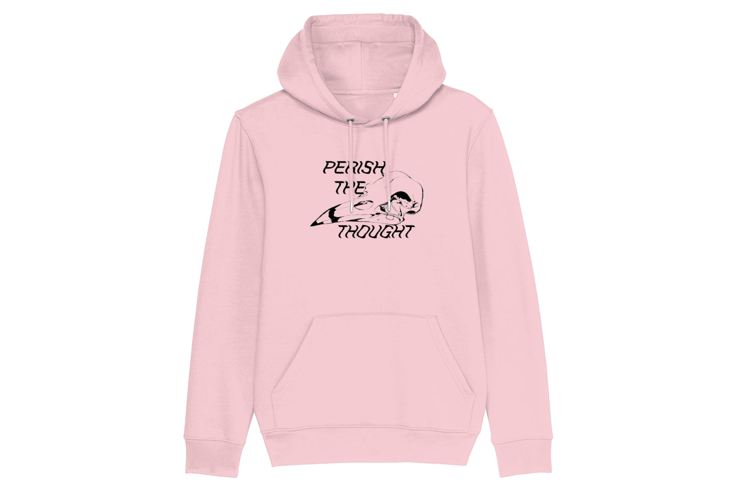 A mockup of the front of a light pink hoodie featuring a bird skull illustration with text reading "perish the thought", all printed in black ink.