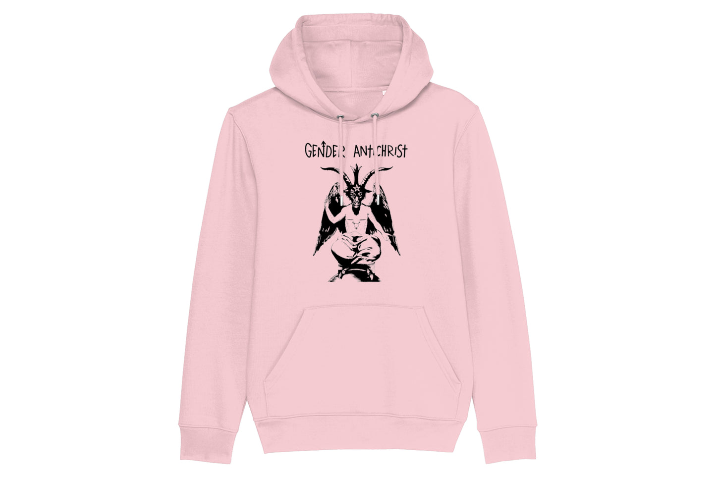 A mockup of the front of a light pink hoodie featuring a trans pride design printed in black ink. There is an illustration of Baphomet with top surgery scars on their chest and the words "queer liberation" on their arms. Text above the design reads "Gender Antichrist".