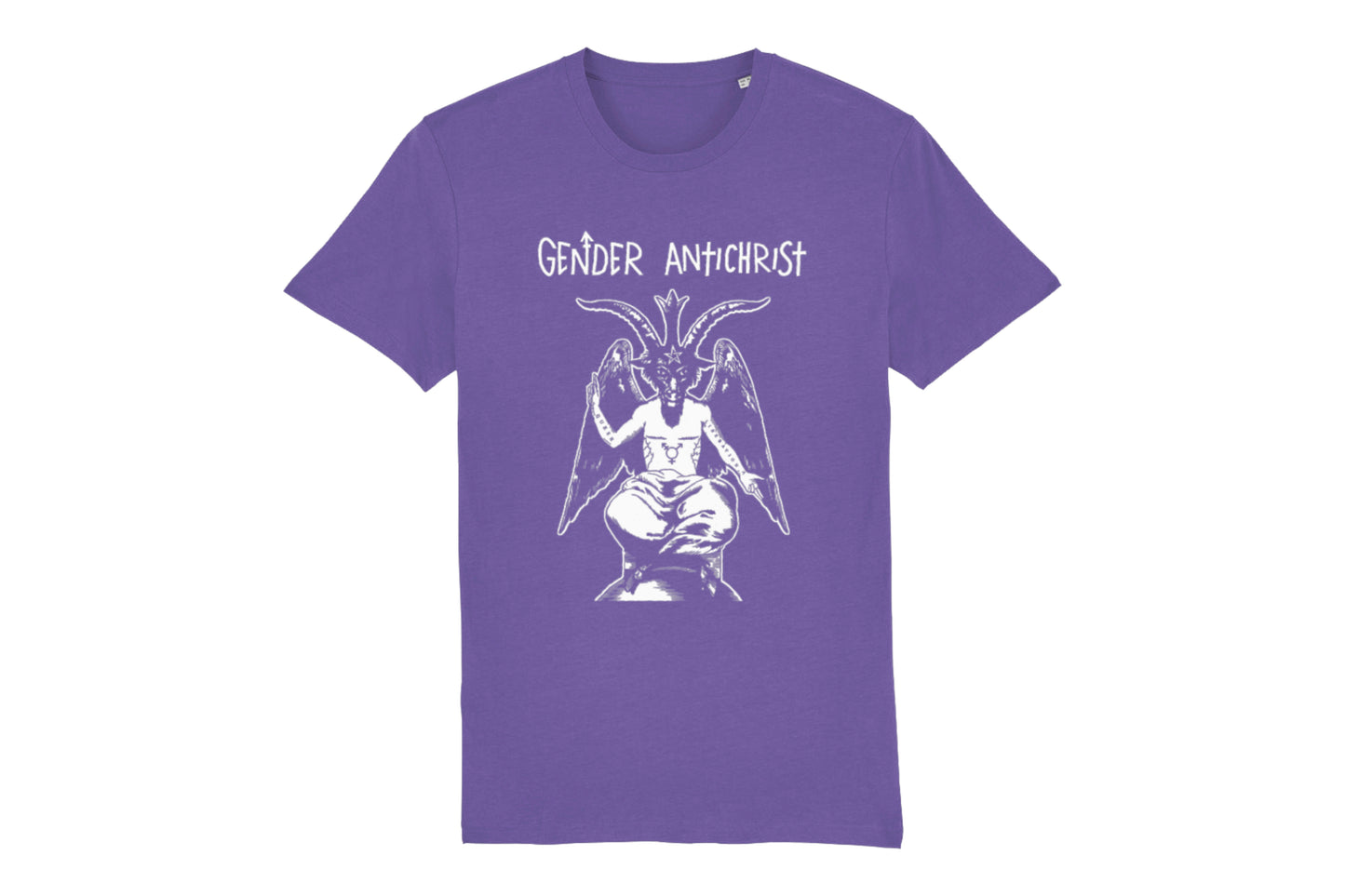A mockup of the front of a purple t-shirt featuring a trans pride design printed in white ink. There is an illustration of Baphomet with top surgery scars on their chest and the words "queer liberation" on their arms. Text above the design reads "Gender Antichrist".