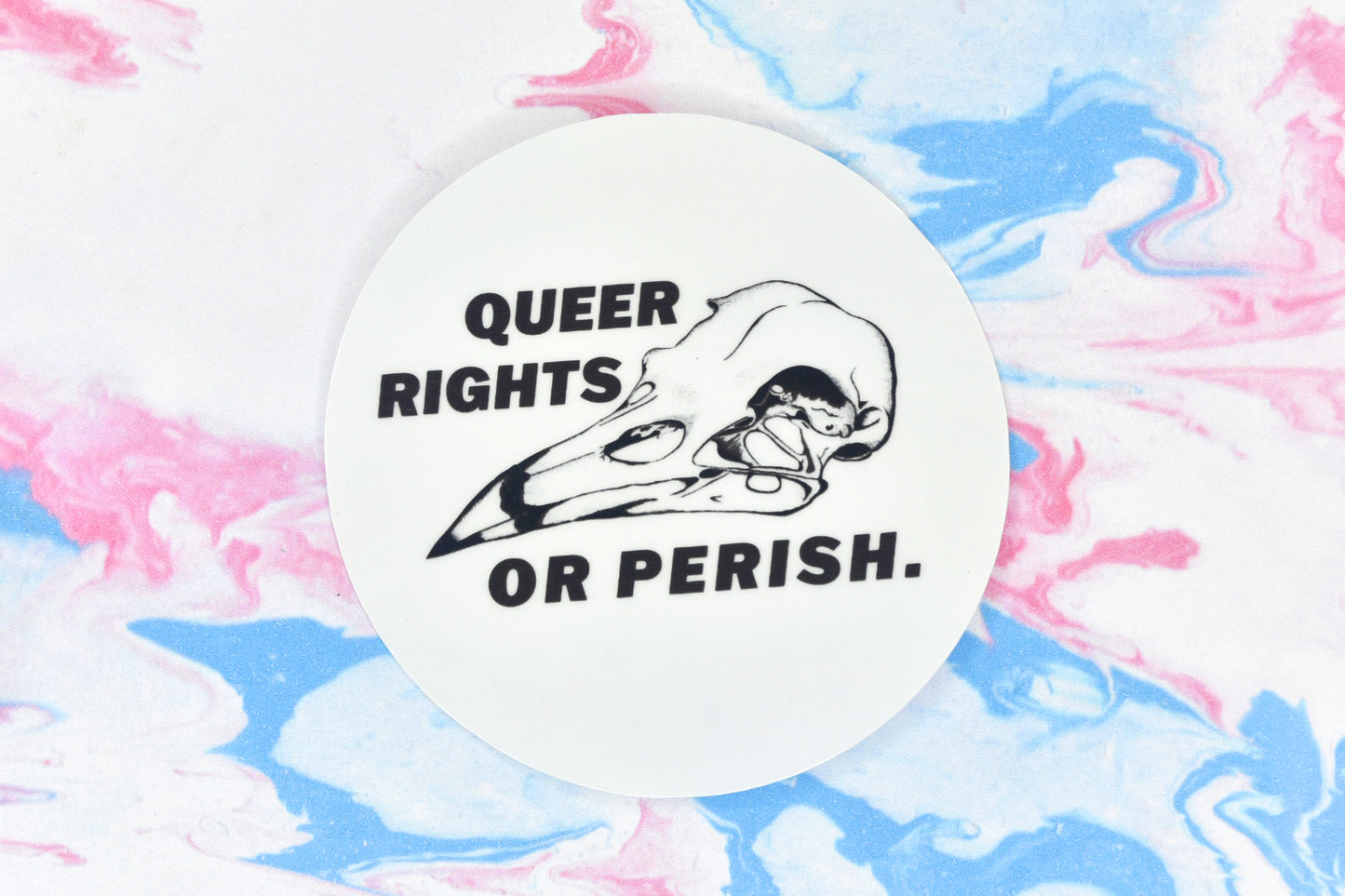 A circular LGBTQ+ pride vinyl sticker featuring an illustration of a bird skull and text reading "queer rights or perish".