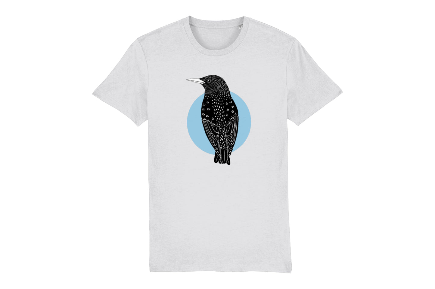 A mock-up of the front of a white t-shirt featuring an illustration of a starling printed in black ink in front of a blue circle