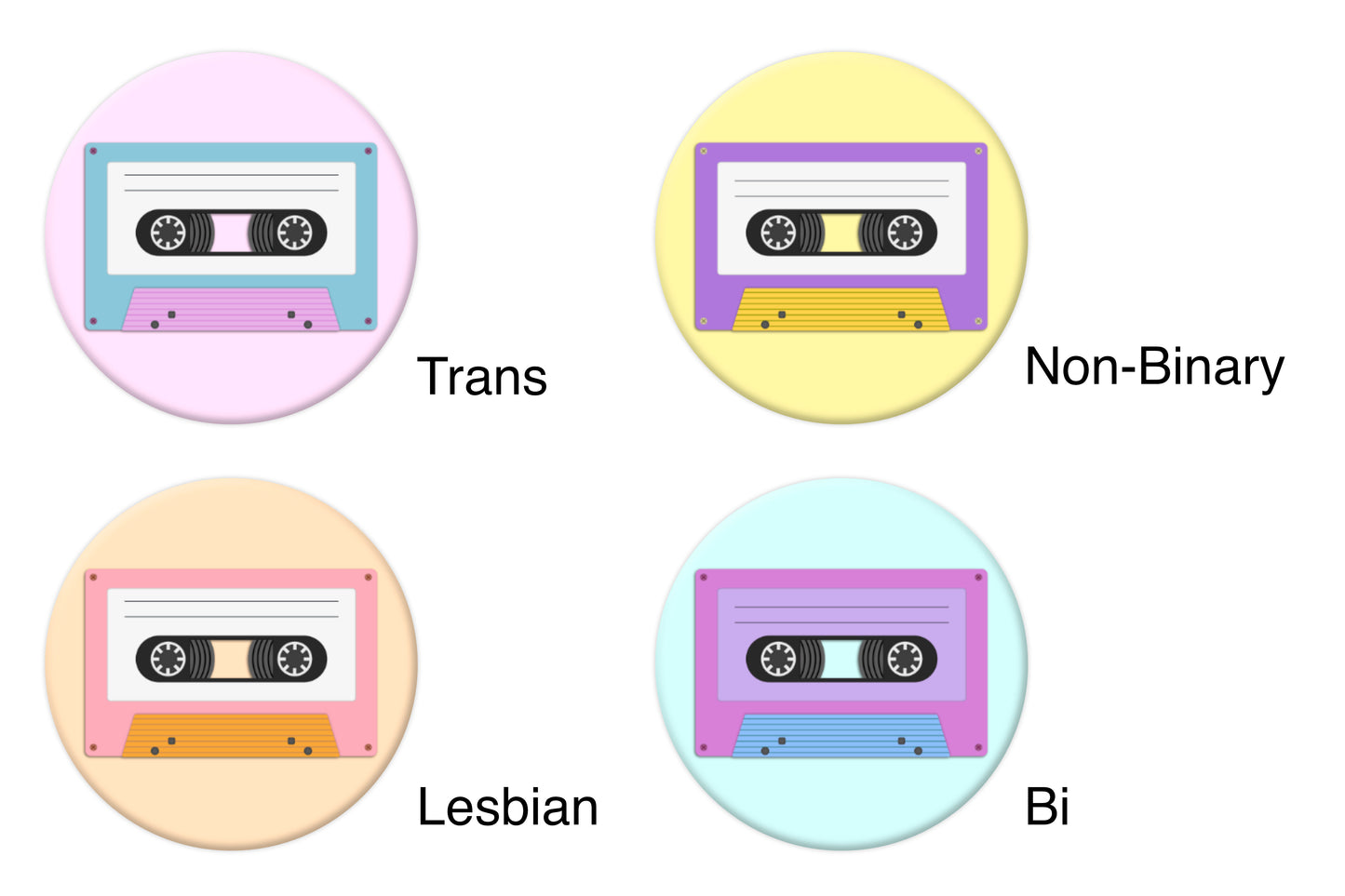 Mock-ups of four LGBTQ+ pride badges, each depicting a cassette tape in different pride flag colours. The flags are trans, non-binary, lesbian and bisexual.