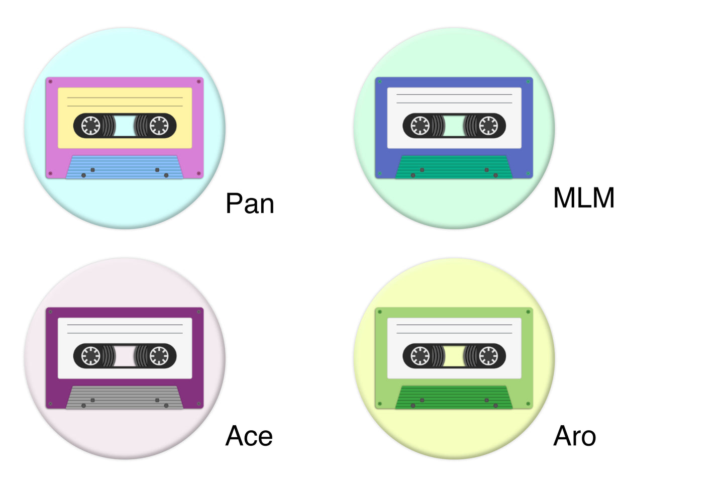 Mock-ups of four LGBTQ+ pride badges, each depicting a cassette tape in different pride flag colours. The flags are pansexual, gay MLM, asexual and aromantic.