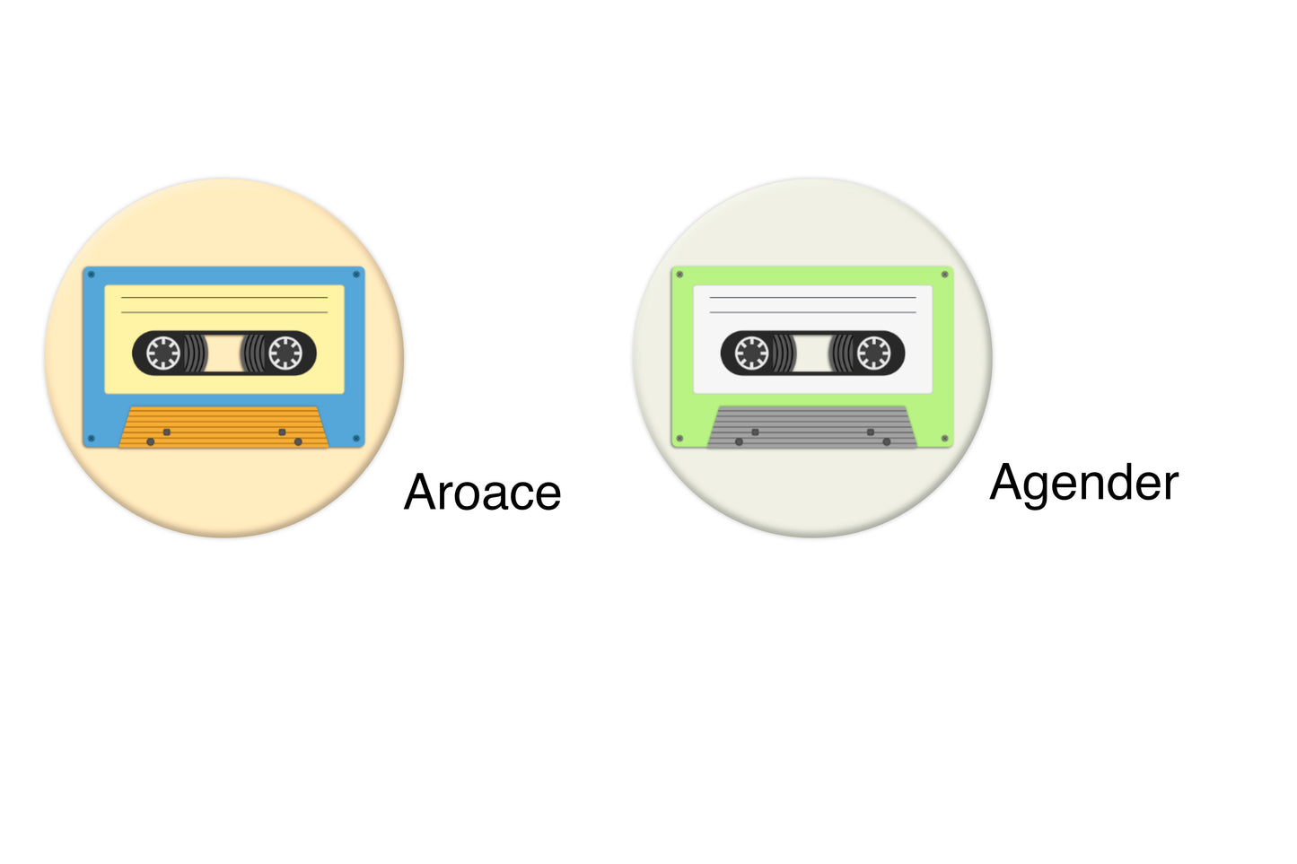 Mock-ups of two LGBTQ+ pride badges, each depicting a cassette tape in different pride flag colours. The flags are aroace and agender.