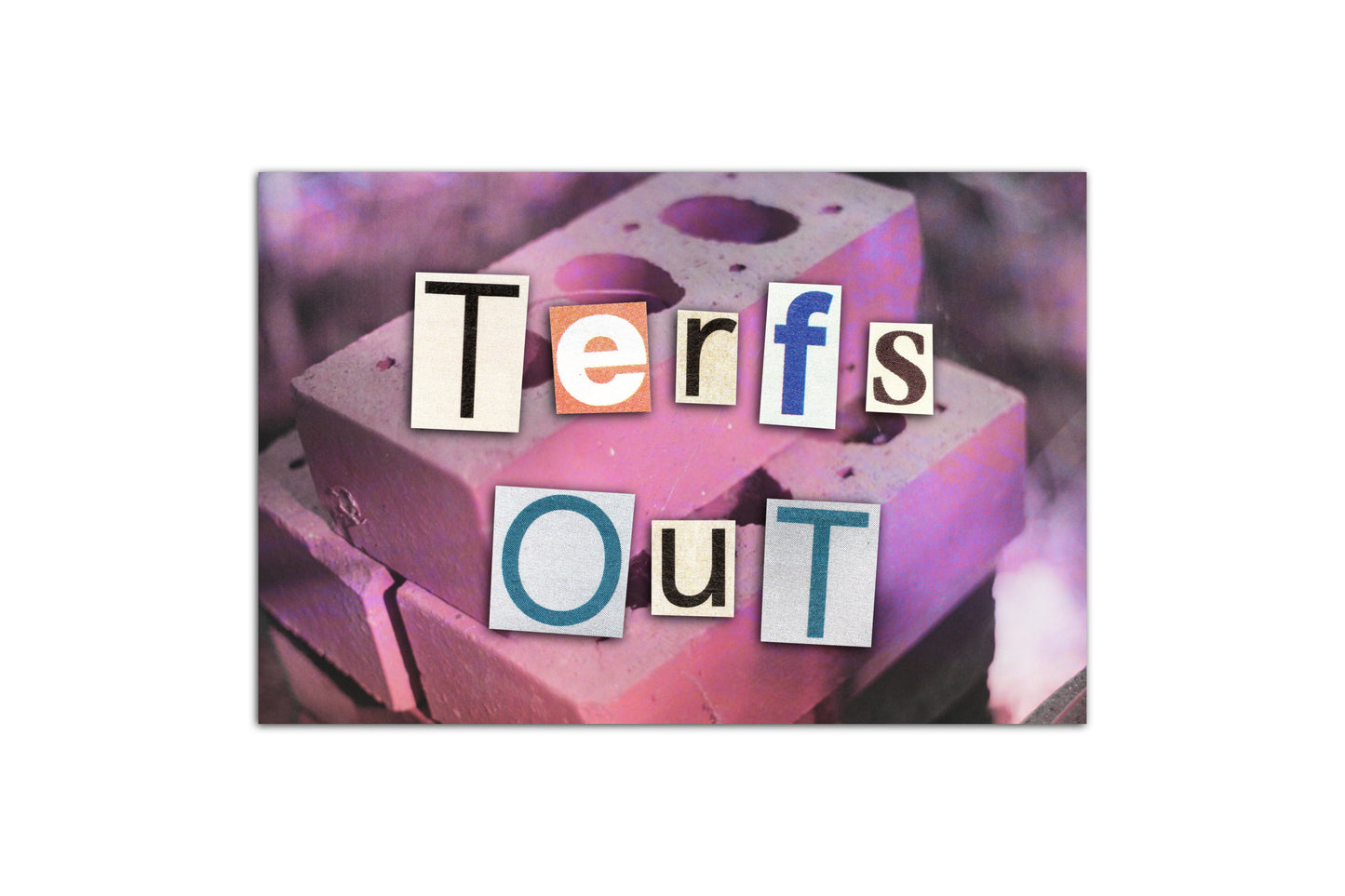 Trans pride collage design featuring text reading "TERFs Out" overlaid on a photograph of some bricks with a pink filter.