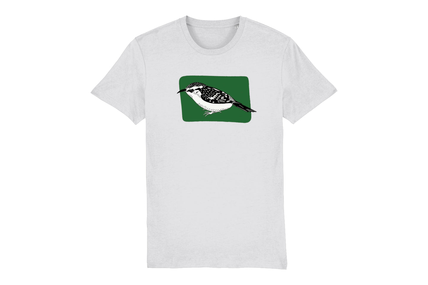 A mock-up of the front of a white t-shirt featuring an illustration of a treecreeper bird printed in black ink in front of a green rectangle